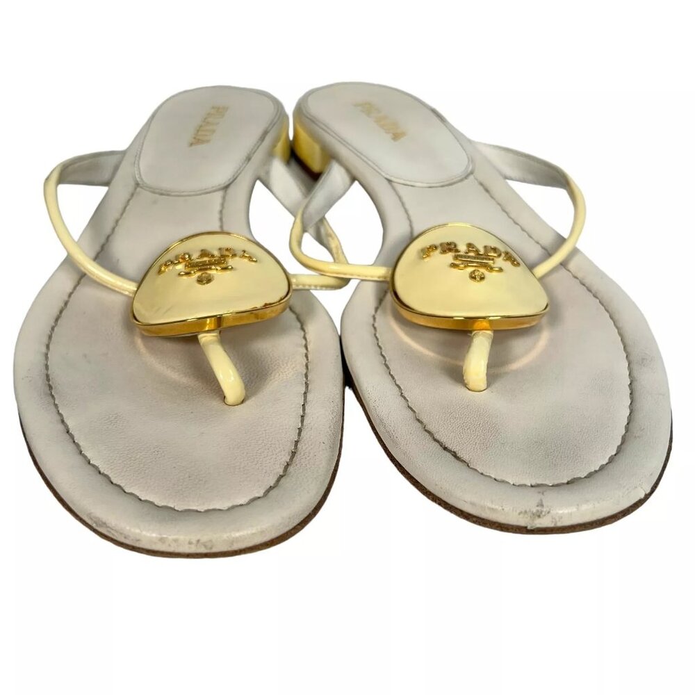Prada Cream Enamel Logo Plaque Leather Flip Flop Sandals Size EU 40 Womens - Picture 3 of 16